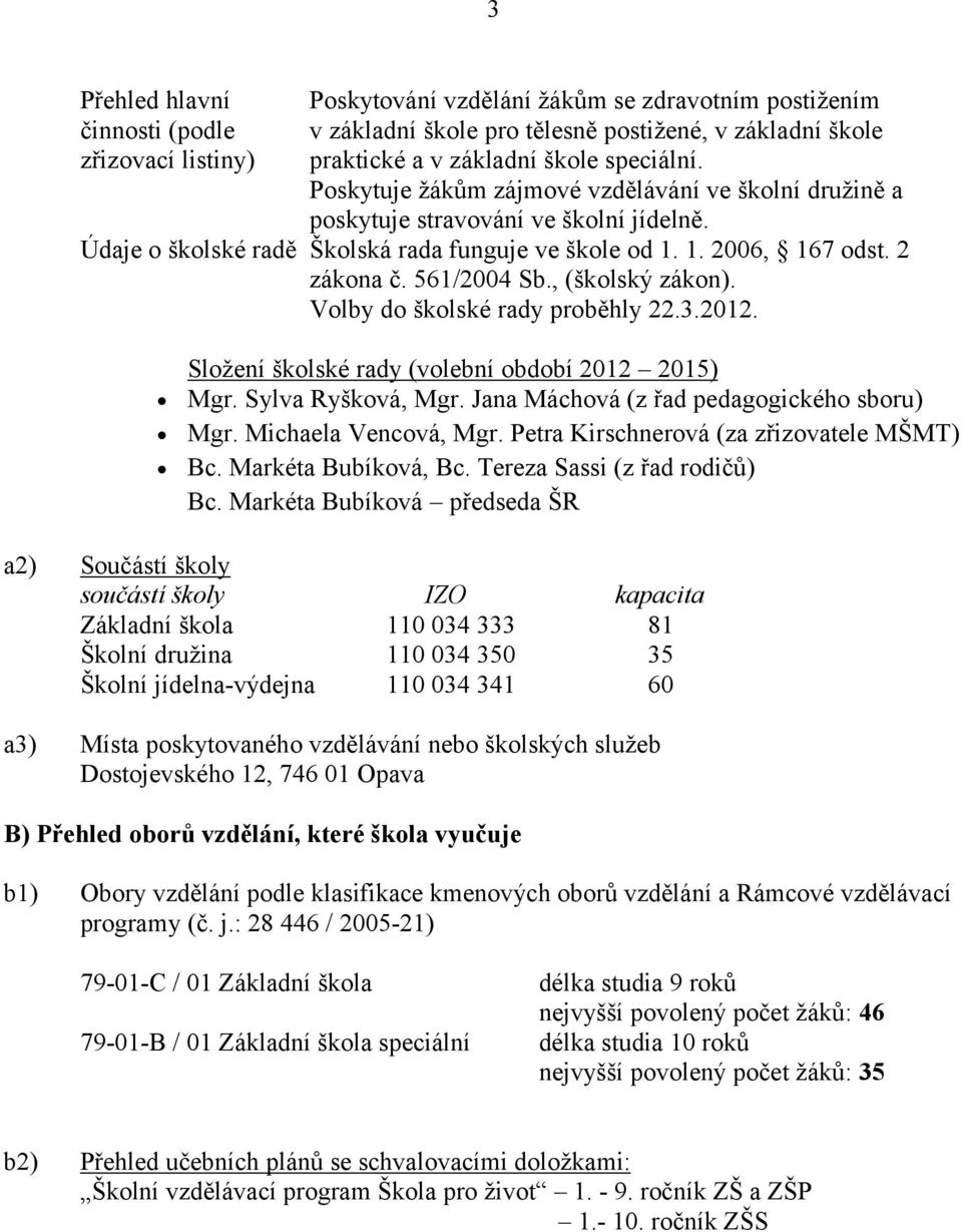 , (školský zákon). Volby do školské rady proběhly 22.3.2012. Složení školské rady (volební období 2012 2015) Mgr. Sylva Ryšková, Mgr. Jana Máchová (z řad pedagogického sboru) Mgr.