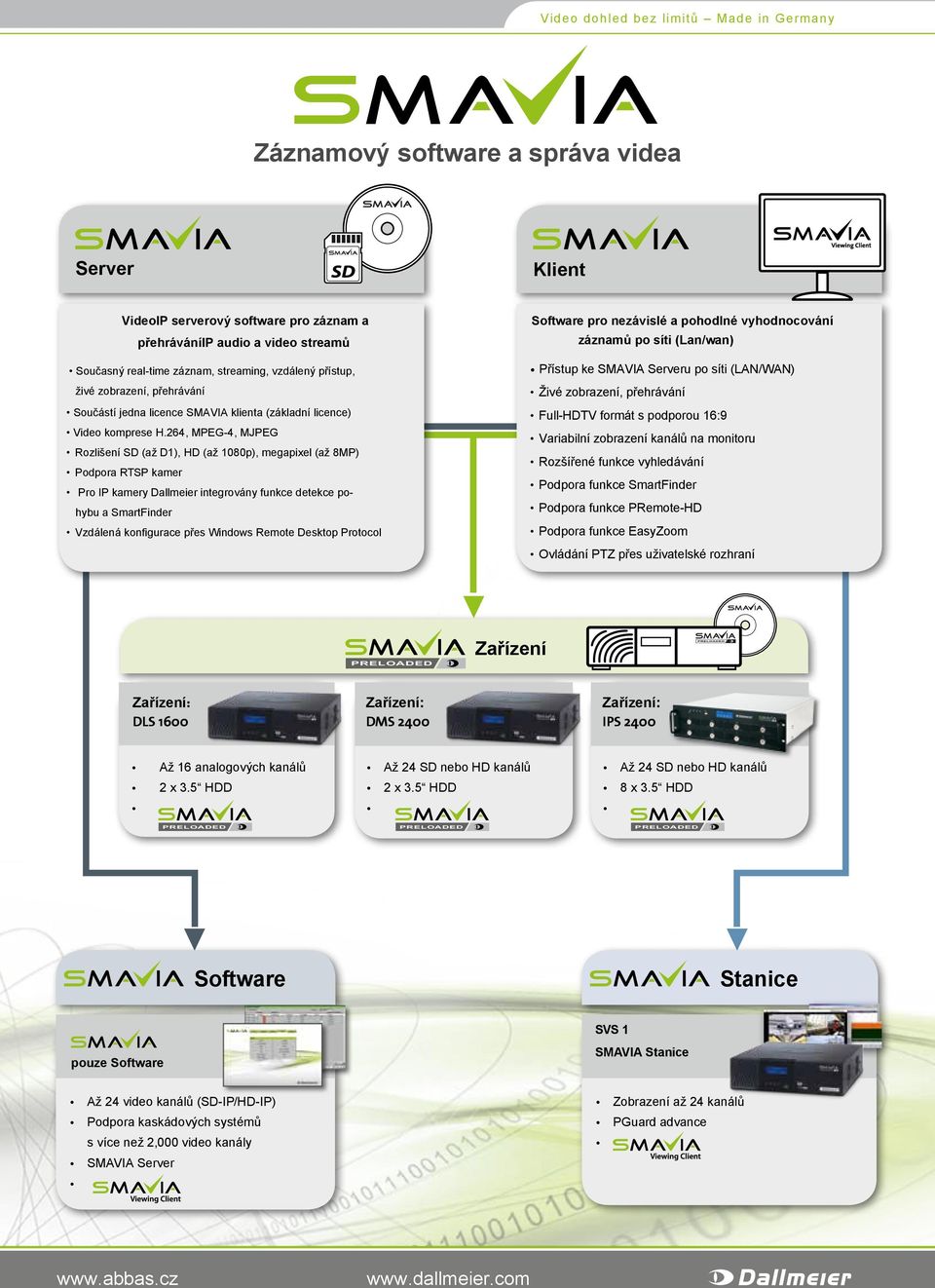 264, MPEG-4, MJPEG Rozlišení SD (až D1), HD (až 1080p), megapixel (až 8MP) Podpora RTSP kamer Pro IP kamery Dallmeier integrovány funkce detekce pohybu a SmartFinder Vzdálená konfigurace přes Windows