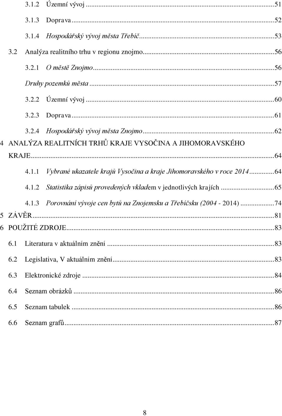 .. 64 4.1.2 Statistika zápisů provedených vkladem v jednotlivých krajích... 65 4.1.3 Porovnání vývoje cen bytů na Znojemsku a Třebíčsku (2004-2014)... 74 5 ZÁVĚR... 81 6 POUŢITÉ ZDROJE... 83 6.