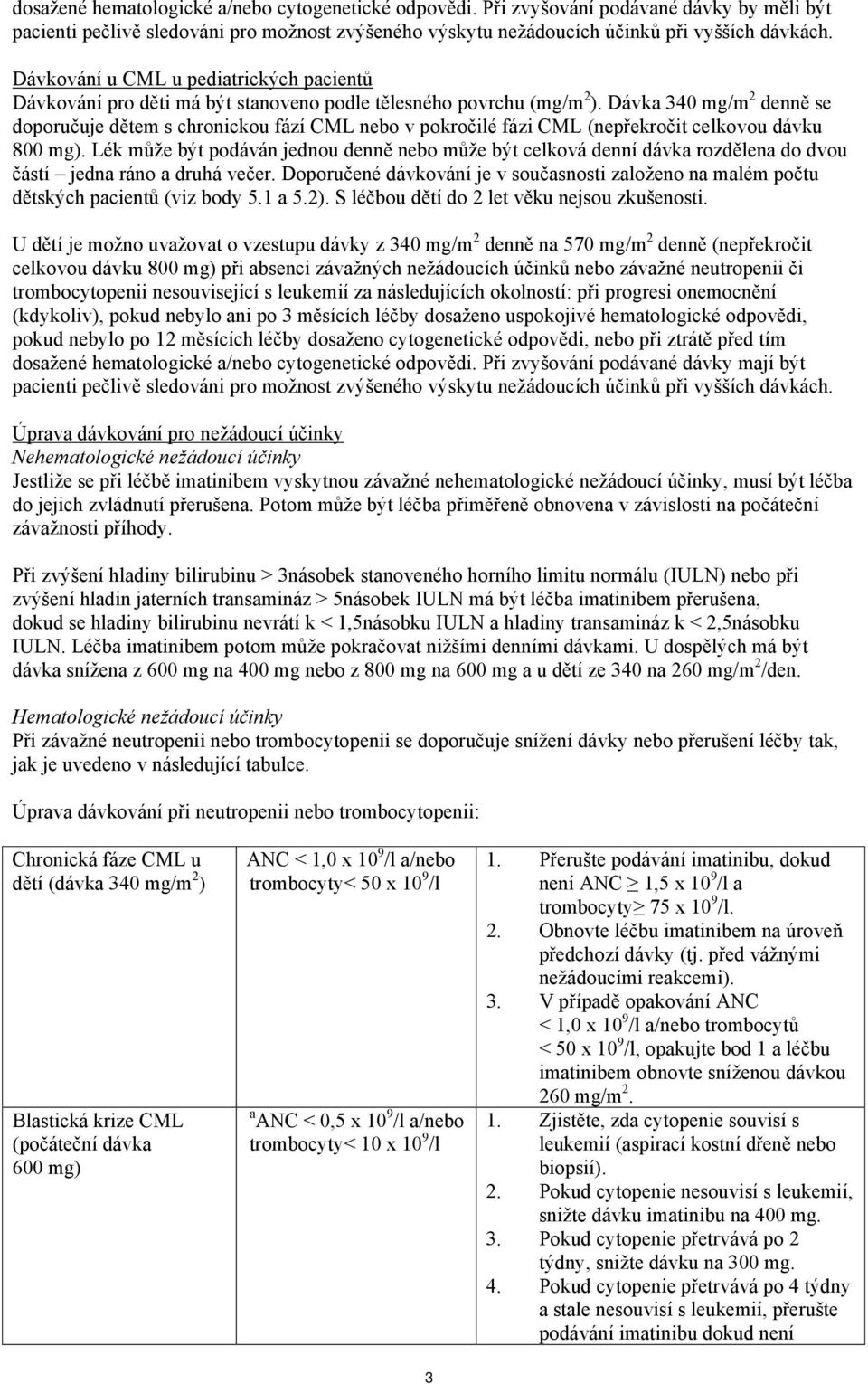 Dávka 340 mg/m 2 denně se doporučuje dětem s chronickou fází CML nebo v pokročilé fázi CML (nepřekročit celkovou dávku 800 mg).