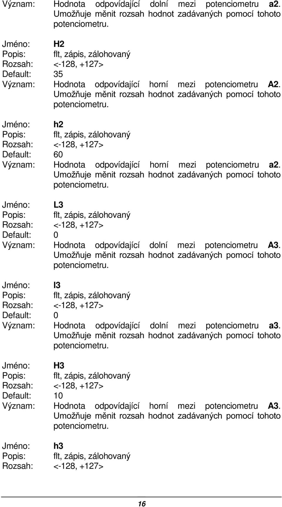 8PRåXMH PQLW UR]VDK KRGQRW ]DGiYDQêFK SRPRFt WRKRWR L3 <-128, +127> Default: 0 Hodnota odpovídající dolní mezi potenciometru A3.