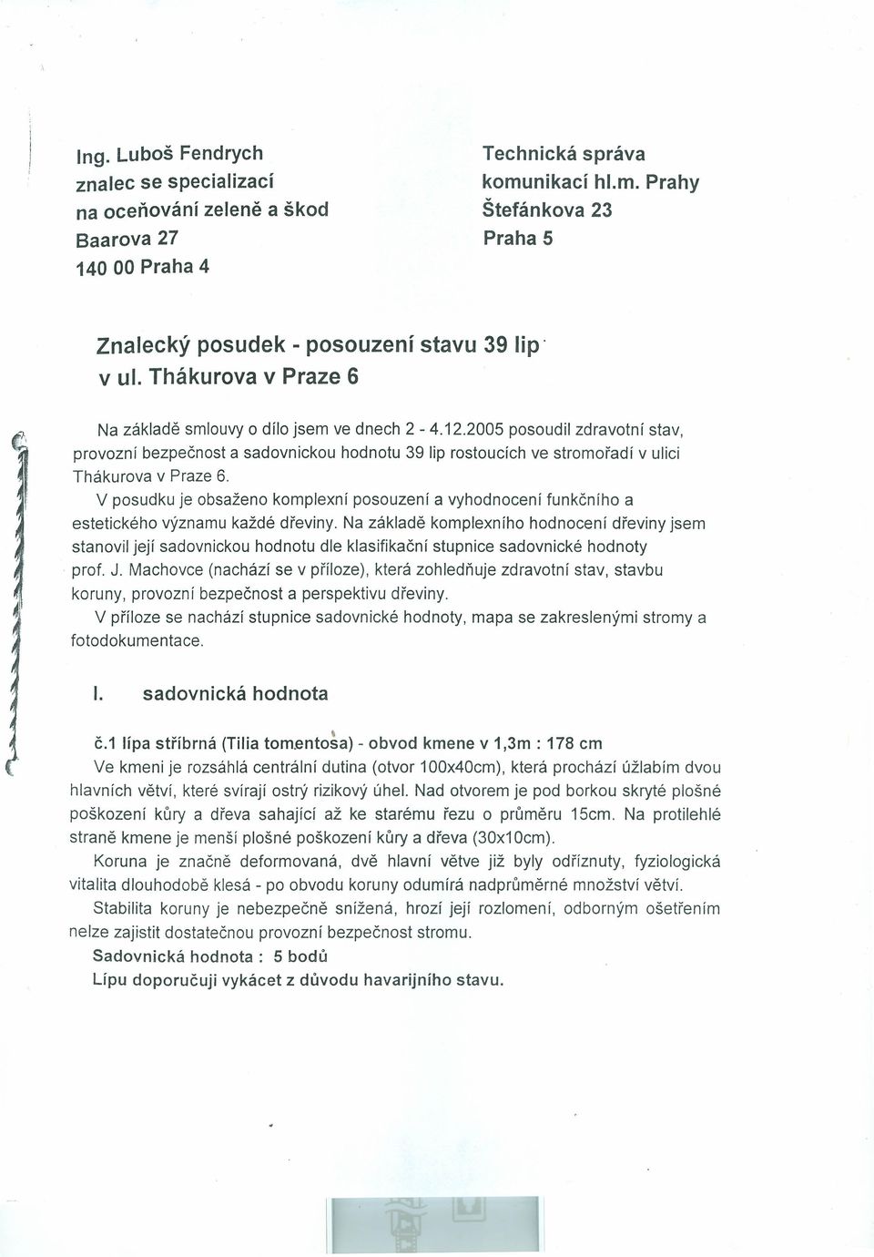 V posudku je obsaženo komplexní posouzení a vyhodnocení funkčního a estetického významu každé dřeviny.