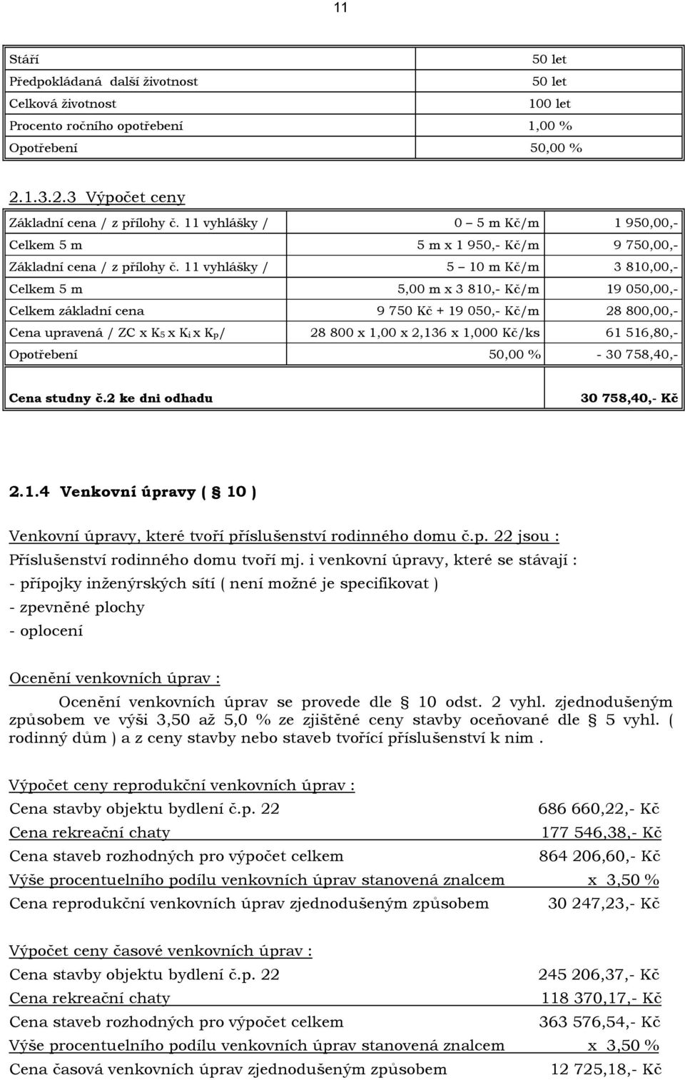 11 vyhlášky / 5 10 m Kč/m 3 810,00,- Celkem 5 m 5,00 m x 3 810,- Kč/m 19 050,00,- Celkem základní cena 9 750 Kč + 19 050,- Kč/m 28 800,00,- Cena upravená / ZC x K5 x Ki x Kp/ 28 800 x 1,00 x 2,136 x