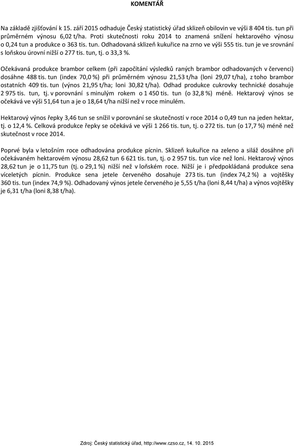 tun je ve srovnání s loňskou úrovní nižší o 277 tis. tun, tj. o 33,3 %. Očekávaná produkce brambor celkem (při započítání výsledků raných brambor odhadovaných v červenci) dosáhne 488 tis.