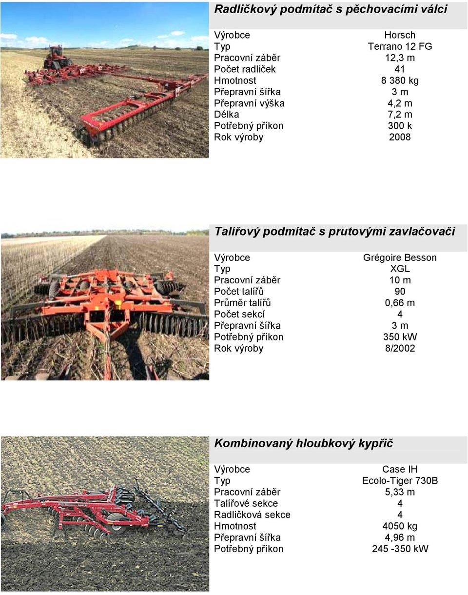 záběr 10 m Počet talířů 90 Průměr talířů 0,66 m Počet sekcí 4 Přepravní šířka 3 m Potřebný příkon 350 kw Rok výroby 8/2002 Kombinovaný hloubkový kypřič