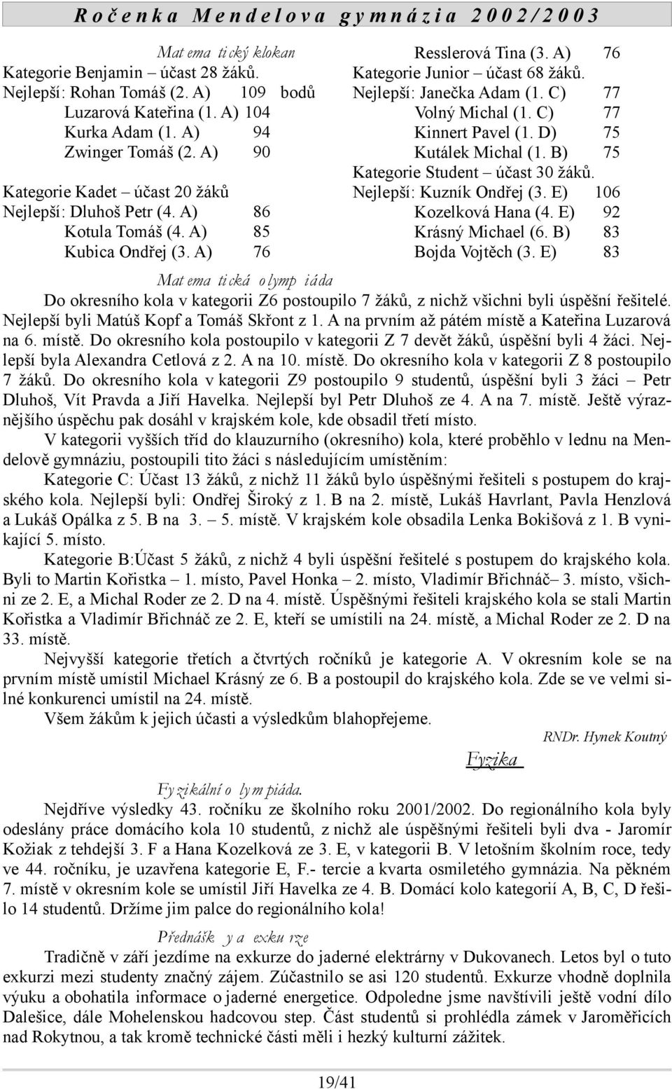 C) 77 Volný Michal (1. C) 77 Kinnert Pavel (1. D) 75 Kutálek Michal (1. B) 75 Kategorie Student účast 30 žáků. Nejlepší: Kuzník Ondřej (3. E) 106 Kozelková Hana (4. E) 92 Krásný Michael (6.