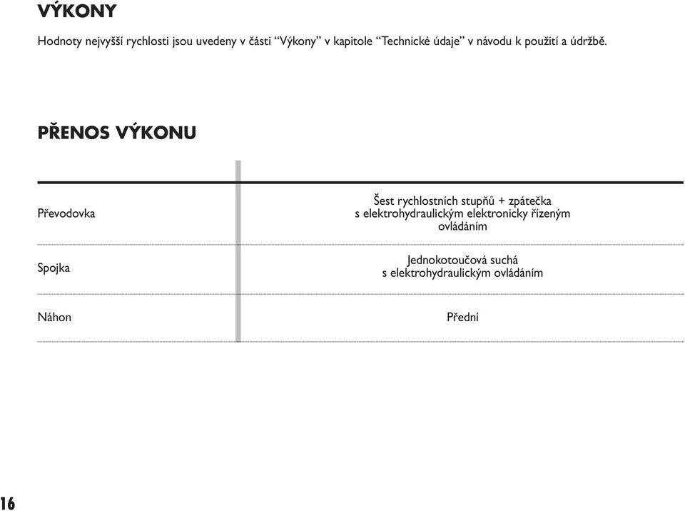 PŘENOS VÝKONU Převodovka Spojka Šest rychlostních stupňů + zpátečka s