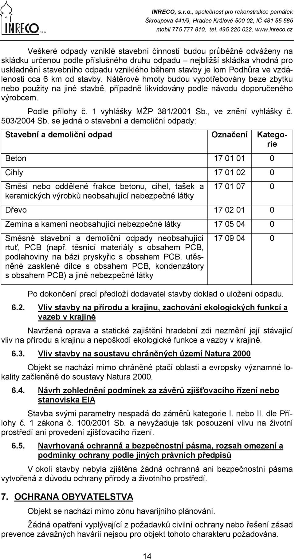 1 vyhlášky MŽP 381/2001 Sb., ve znění vyhlášky č. 503/2004 Sb.