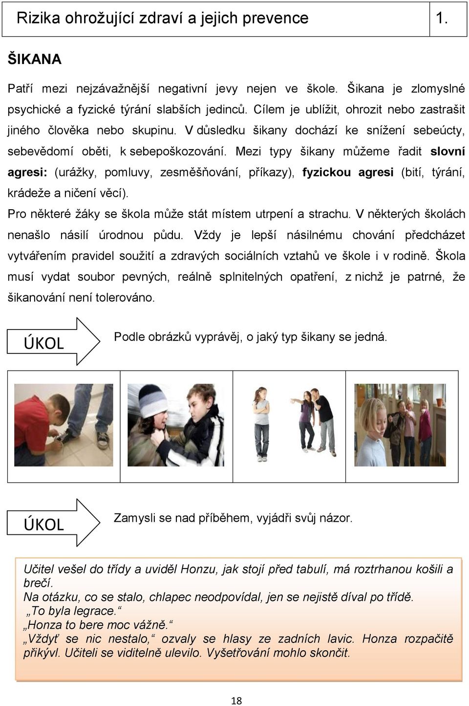 Mezi typy šikany můžeme řadit slovní agresi: (urážky, pomluvy, zesměšňování, příkazy), fyzickou agresi (bití, týrání, krádeže a ničení věcí).