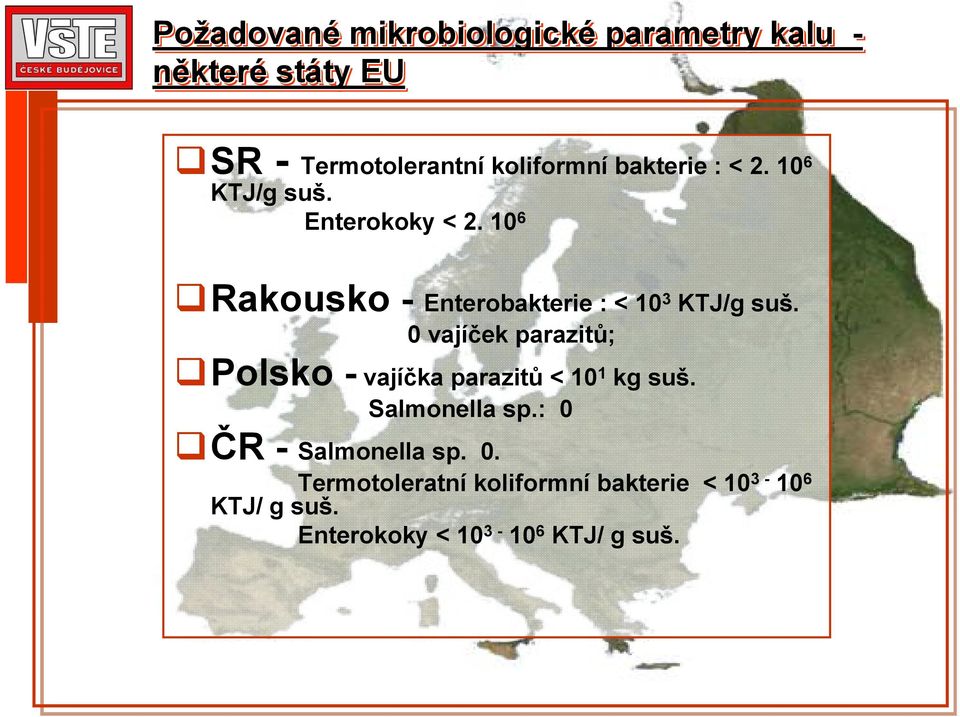 0 vajíček parazitů; Polsko - vajíčka parazitů <10 1 kg suš. Salmonella sp.: 0 ČR - Salmonella sp.