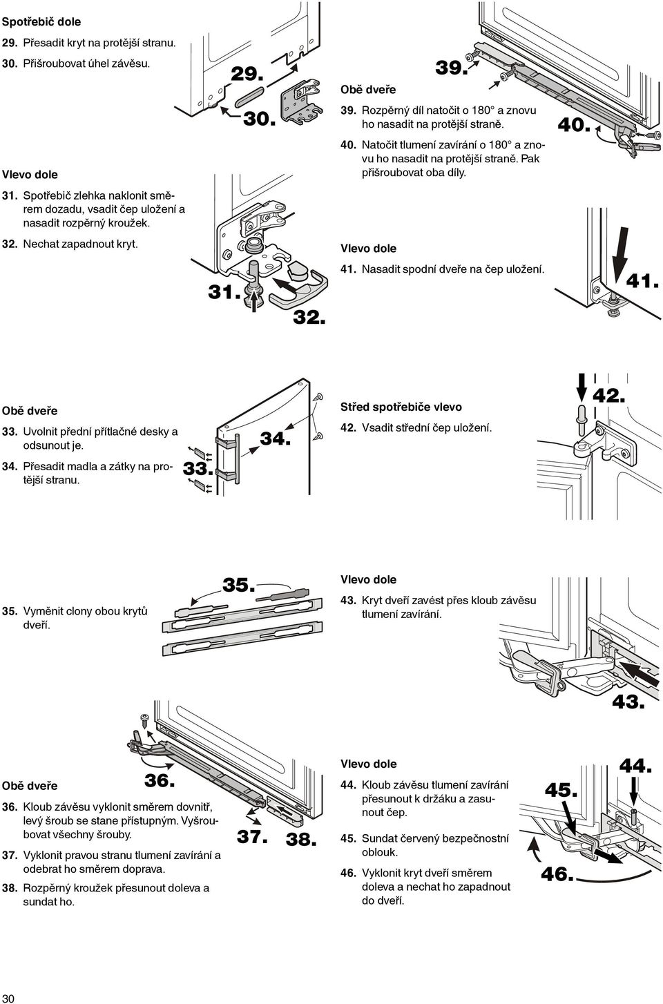 Nechat zapadnout kryt. Vlevo dole 31. 32. 41. Nasadit spodní dveře na čep uložení. 41. Obě dveře 33. Uvolnit přední přítlačné desky a odsunout je. 34. Přesadit madla a zátky na protější stranu. 33. 34. Střed spotřebiče vlevo 42.