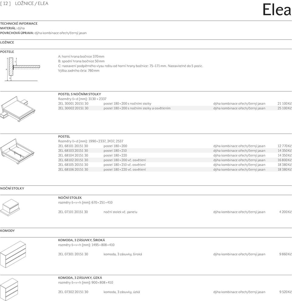 Výška zadního čela: 760 mm B POSTEL S NOČNÍMI STOLKY Rozměry š d [mm]: 3130 2337 2EL 30001 20151 30 postel 180 200 s nočními stolky dýha kombinace ořech/černý jasan 21 100 Kč 2EL 30002 20151 30