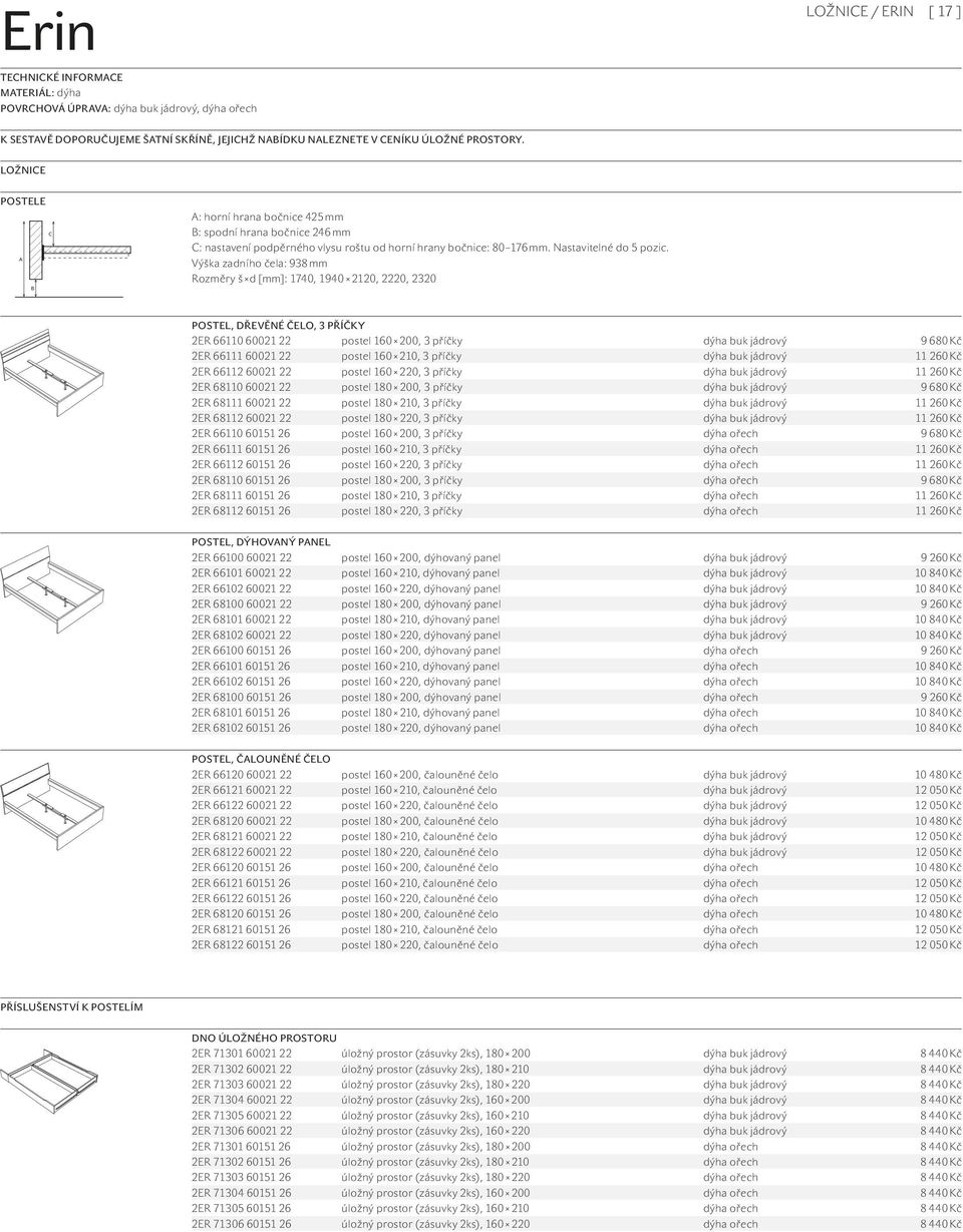 Výška zadního čela: 938 mm Rozměry š d [mm]: 1740, 1940 2120, 2220, 2320 POSTEL, DŘEVĚNÉ ČELO, 3 PŘÍČKY 2ER 66110 60021 22 postel 160 200, 3 příčky dýha buk jádrový 9 680 Kč 2ER 66111 60021 22 postel