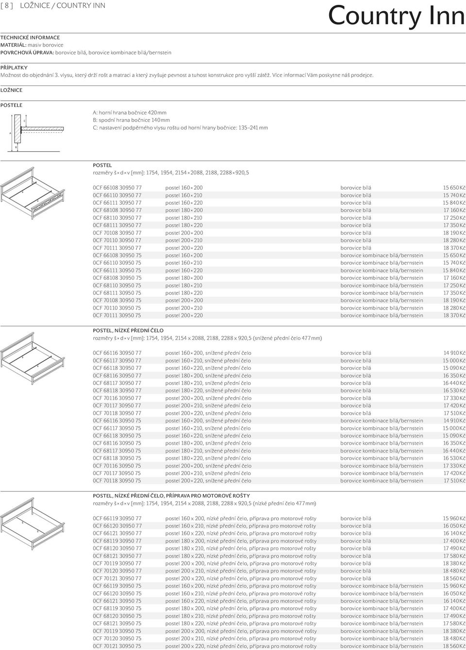 LOŽNICE POSTELE A C A: horní hrana bočnice 420 mm B: spodní hrana bočnice 140 mm C: nastavení podpěrného vlysu roštu od horní hrany bočnice: 135 241 mm B POSTEL rozměry š d v [mm]: 1754, 1954, 2154