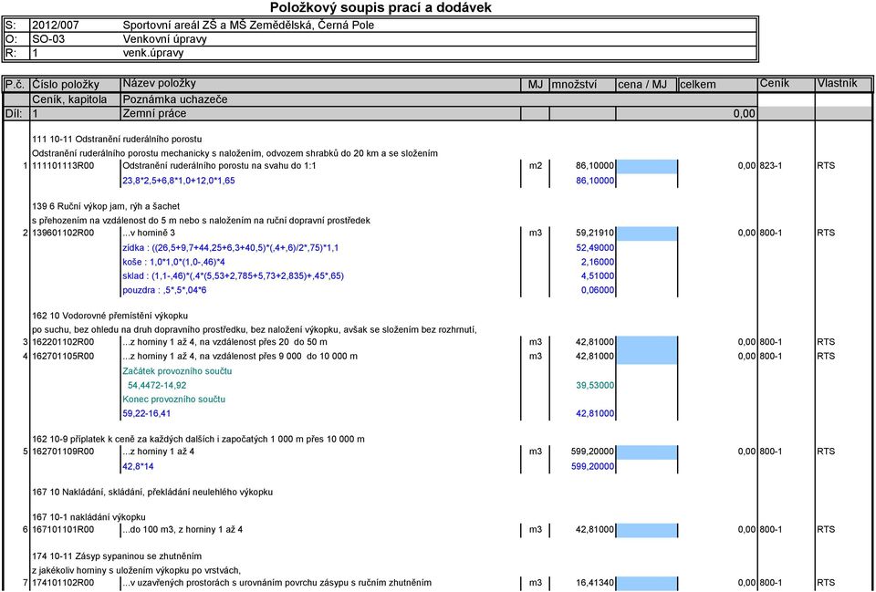 mechanicky s naložením, odvozem shrabků do 20 km a se složením 1 111101113R00 Odstranění ruderálního porostu na svahu do 1:1 m2 86,10000 823-1 RTS 23,8*2,5+6,8*1,0+12,0*1,65 86,10000 139 6 Ruční