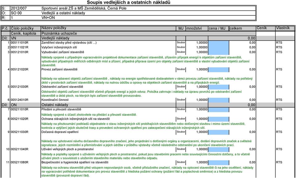 ..) Soubor 1,00000 RTS 2 005111021R Vytyčení inženýrských sítí Soubor 1,00000 RTS 3 005121010R Vybudování zařízení staveniště Soubor 1,00000 RTS Náklady spojené s případným vypracováním projektové