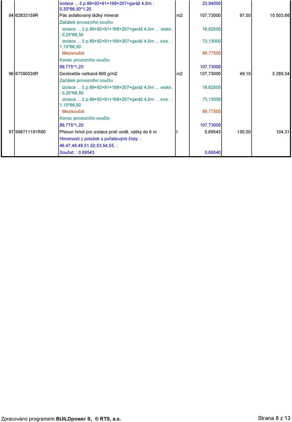 : 73,15000 1,10*66,50 Mezisou et 89,77500 89,775*1,20 107,73000 96 67390530R Geotextilie netkaná 600 g/m2 m2 107,73000 49,10 5 289,54 izolace....p.89+92+91+168+207+garáž 4,0m... vodor.