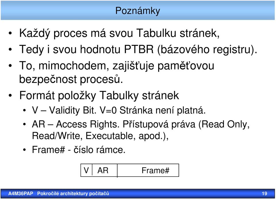 Formát položky Tabulky stránek V Validity Bit. V=0 Stránka není platná. AR Access Rights.