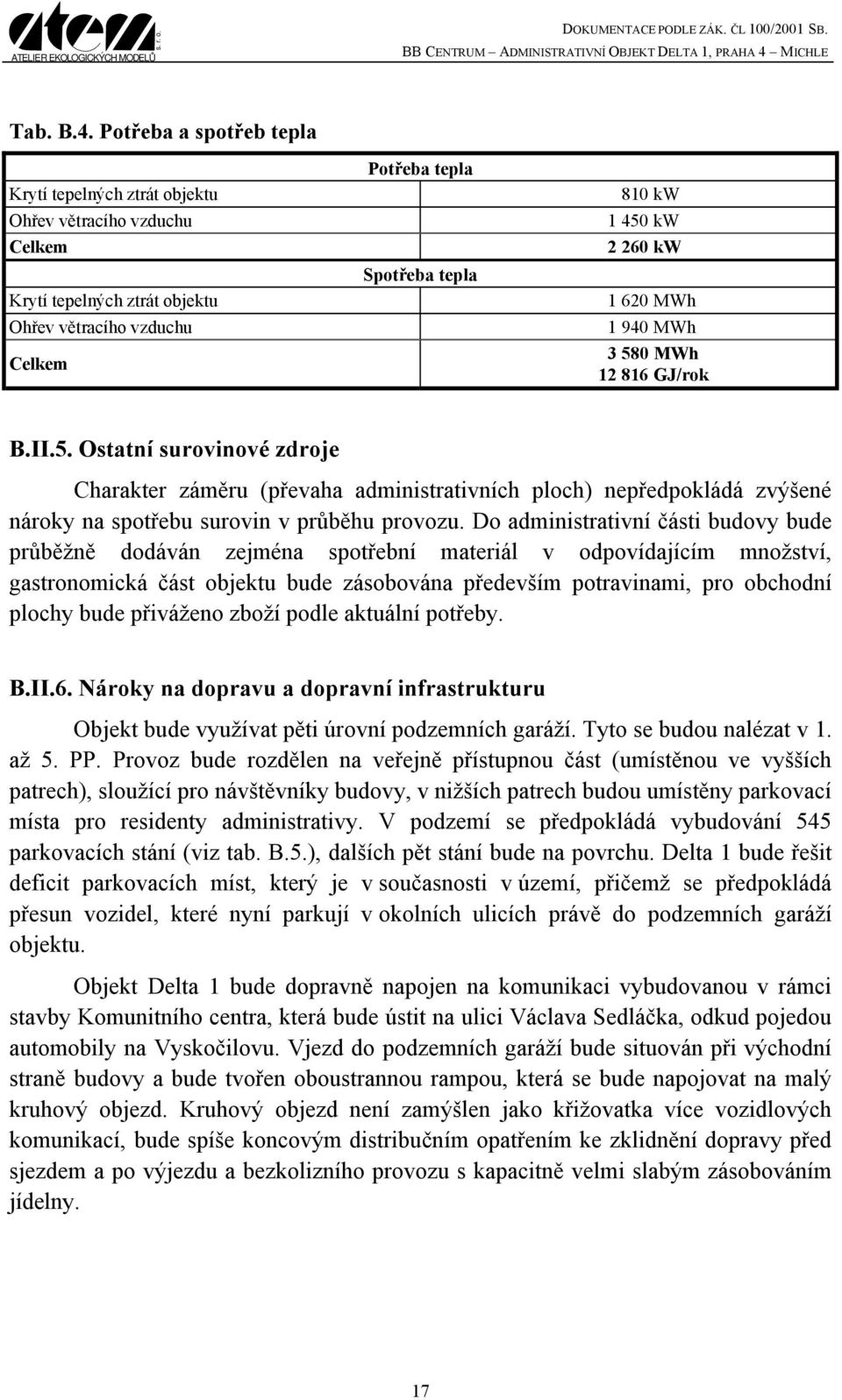 1 620 MWh 1 940 MWh 3 580 MWh 12 816 GJ/rok B.II.5. Ostatní surovinové zdroje Charakter záměru (převaha administrativních ploch) nepředpokládá zvýšené nároky na spotřebu surovin v průběhu provozu.