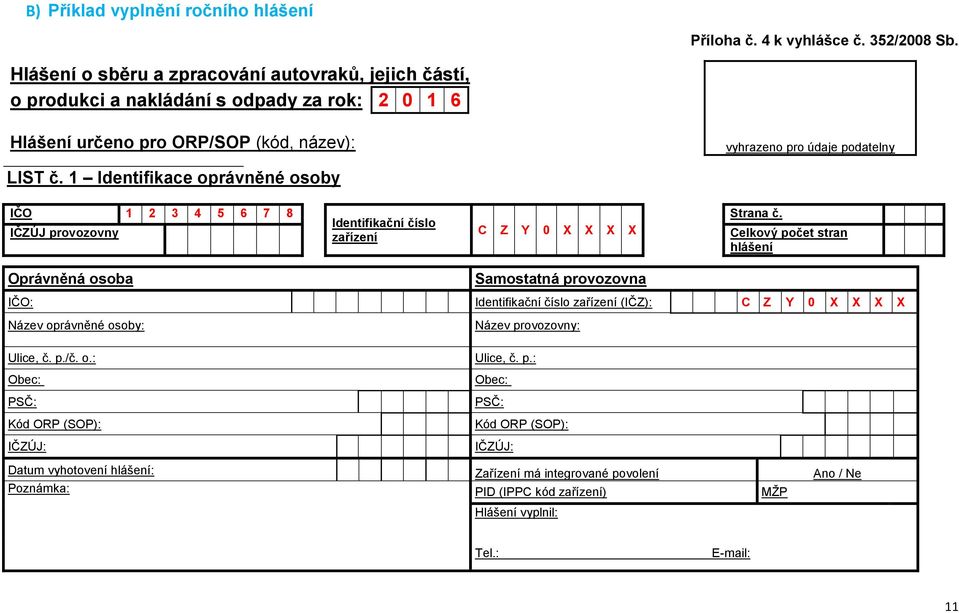 1 Identifikace oprávněné osoby IČO 1 2 3 4 5 6 7 8 IČZÚJ provozovny Identifikační číslo zařízení C Z Y 0 X X X X Strana č.