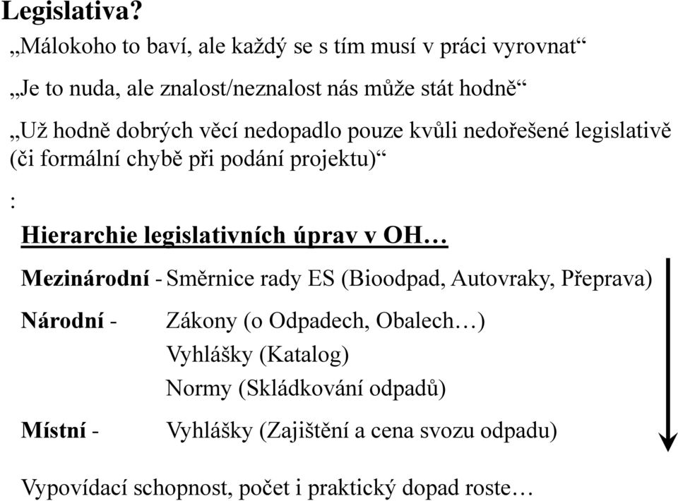 věcí nedopadlo pouze kvůli nedořešené legislativě (či formální chybě při podání projektu) : Hierarchie legislativních úprav v OH