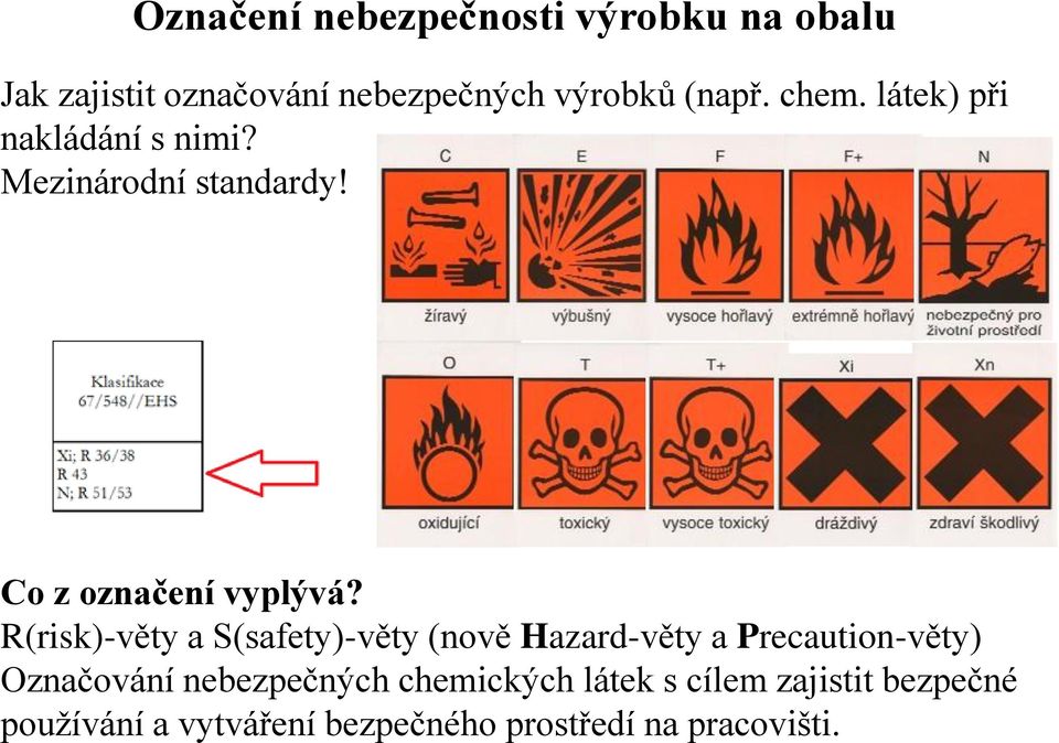 R(risk)-věty a S(safety)-věty (nově Hazard-věty a Precaution-věty) Označování nebezpečných