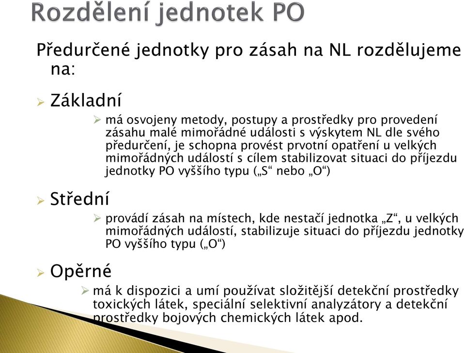 O ) Střední provádí zásah na místech, kde nestačí jednotka Z, u velkých mimořádných událostí, stabilizuje situaci do příjezdu jednotky PO vyššího typu ( O ) Opěrné