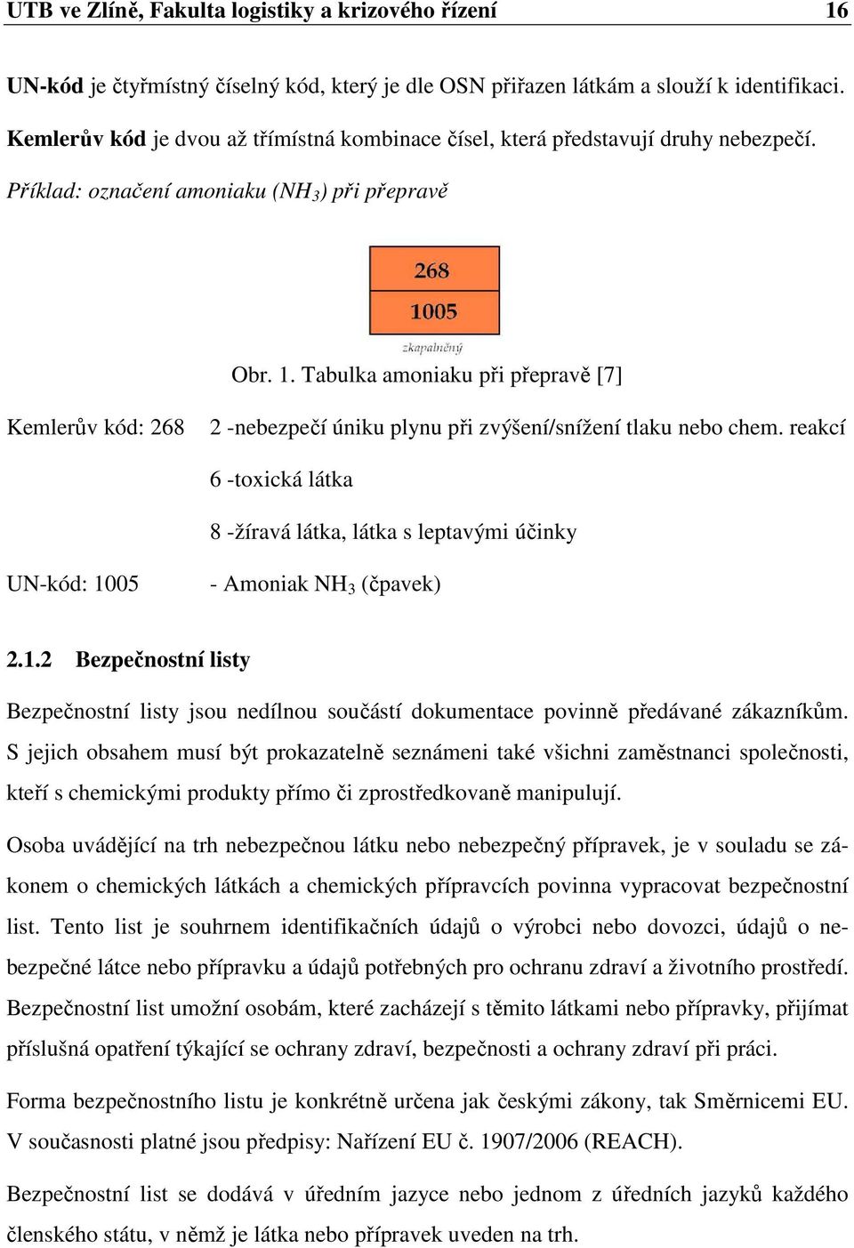 Tabulka amoniaku při přepravě [7] Kemlerův kód: 268 2 -nebezpečí úniku plynu při zvýšení/snížení tlaku nebo chem.