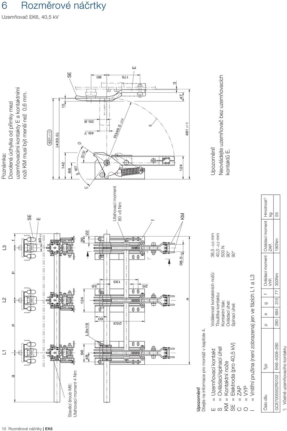 E = Uzemňovací kontakt Vzdálenost kontaktních nožů: 38,5 0,6 mm Tloušťka kontaktu: 40,0 0,2 mm S = Ovládací/spínací úhel Kontaktní tlak: 500 N KM = Kontaktní nože Ovládací úhel: 90 SE = Elektroda