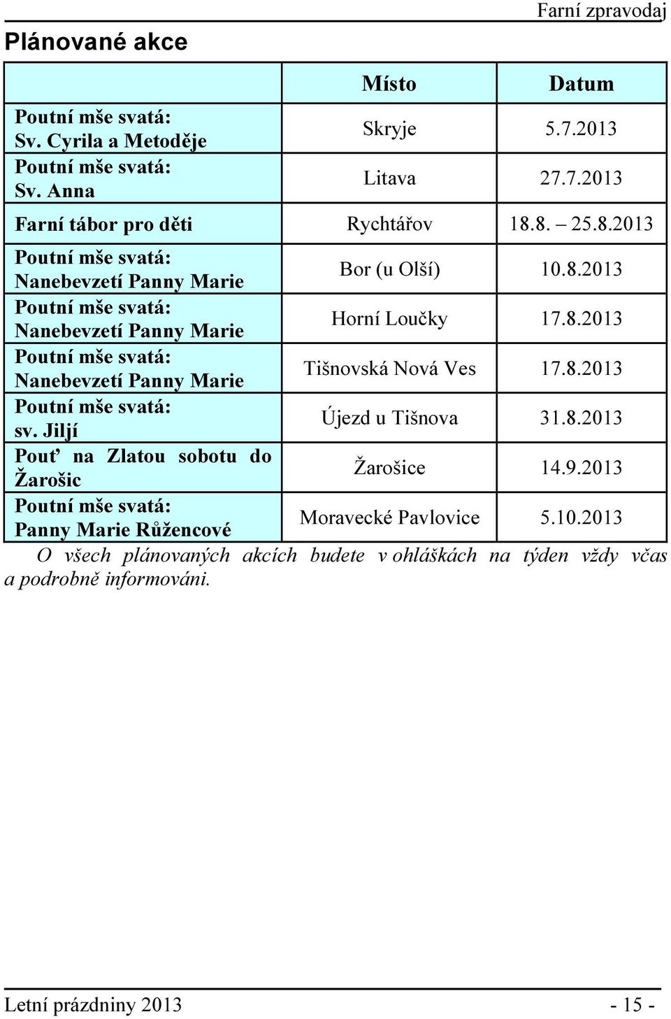 8.2013 Poutní mše svatá: sv. Jiljí Újezd u Tišnova 31.8.2013 Pouť na Zlatou sobotu do Žarošic Žarošice 14.9.