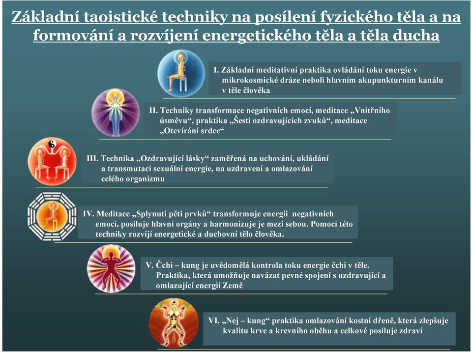 Techniky transformace negativních emocí, meditace Vnitřního úsměvu, praktika Šesti ozdravujících zvuků, meditace Otevírání srdce III.