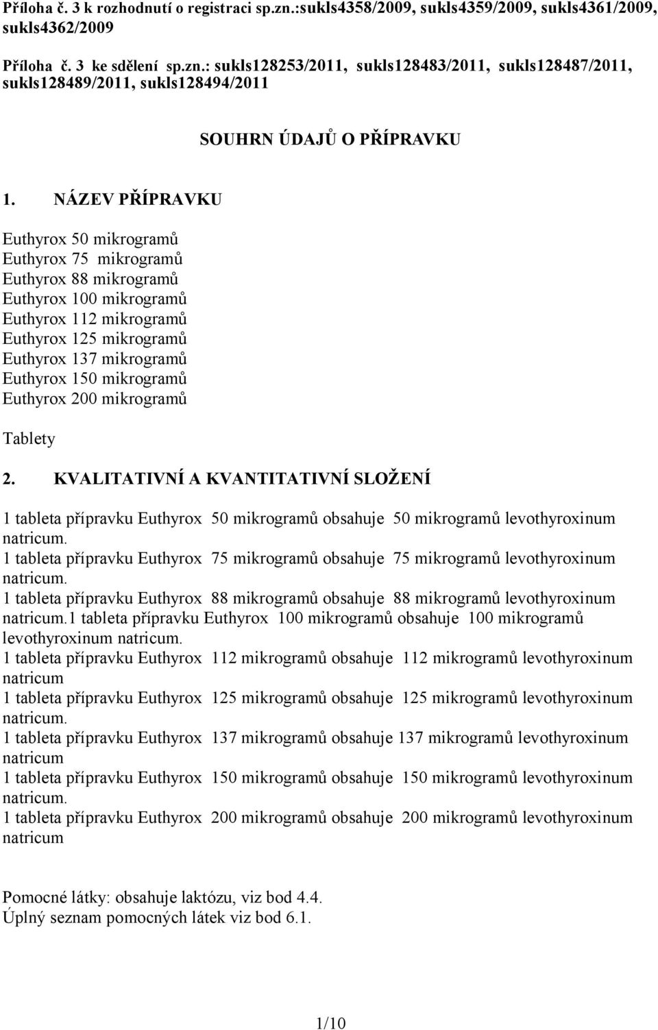 mikrogramů Euthyrox 200 mikrogramů Tablety 2. KVALITATIVNÍ A KVANTITATIVNÍ SLOŽENÍ 1 tableta přípravku Euthyrox 50 mikrogramů obsahuje 50 mikrogramů levothyroxinum natricum.