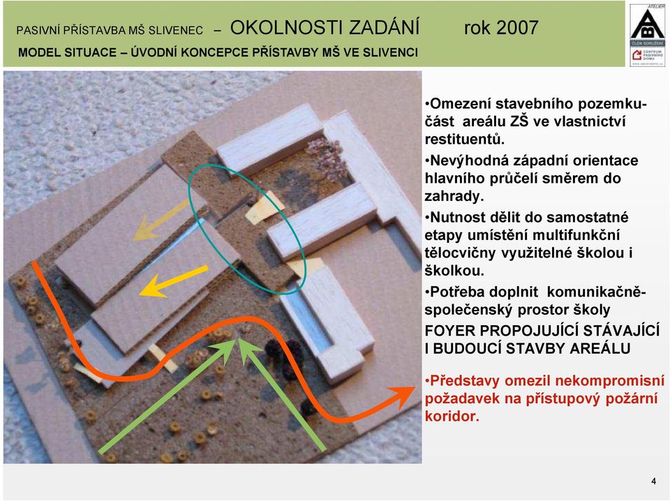 Nutnost dělit do samostatné etapy umístění multifunkční tělocvičny využitelné školou i školkou.