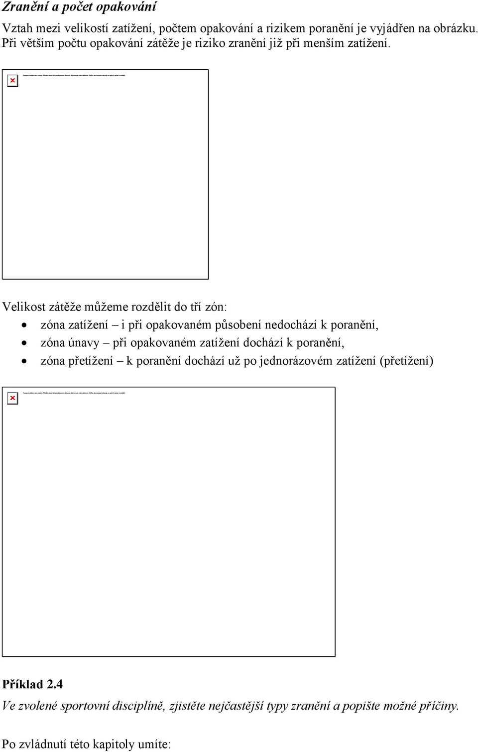 Velikost zátěže můžeme rozdělit do tří zón: zóna zatížení i při opakovaném působení nedochází k poranění, zóna únavy při opakovaném zatížení