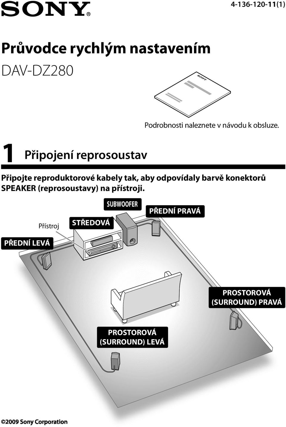 1 Připojení reprosoustav Připojte reproduktorové kabely tak, aby odpovídaly barvě