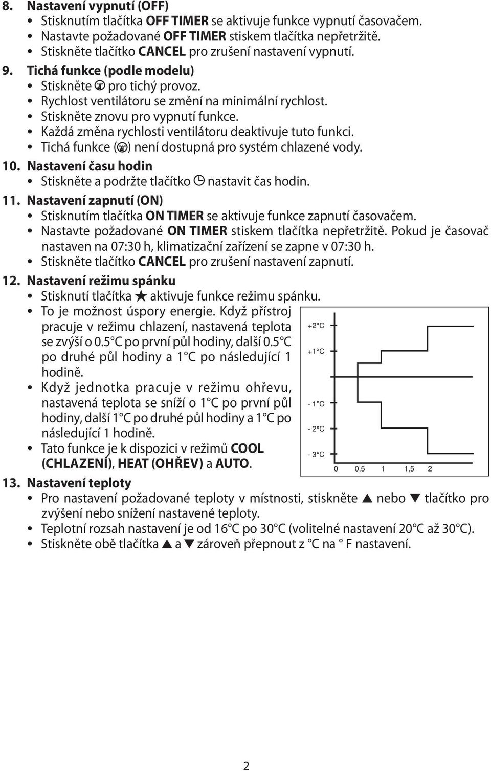 Každá změna rychlosti ventilátoru deaktivuje tuto funkci. Tichá funkce ( ) není dostupná pro systém chlazené vody. 10. Nastavení času hodin Stiskněte a podržte tlačítko nastavit čas hodin. 11.