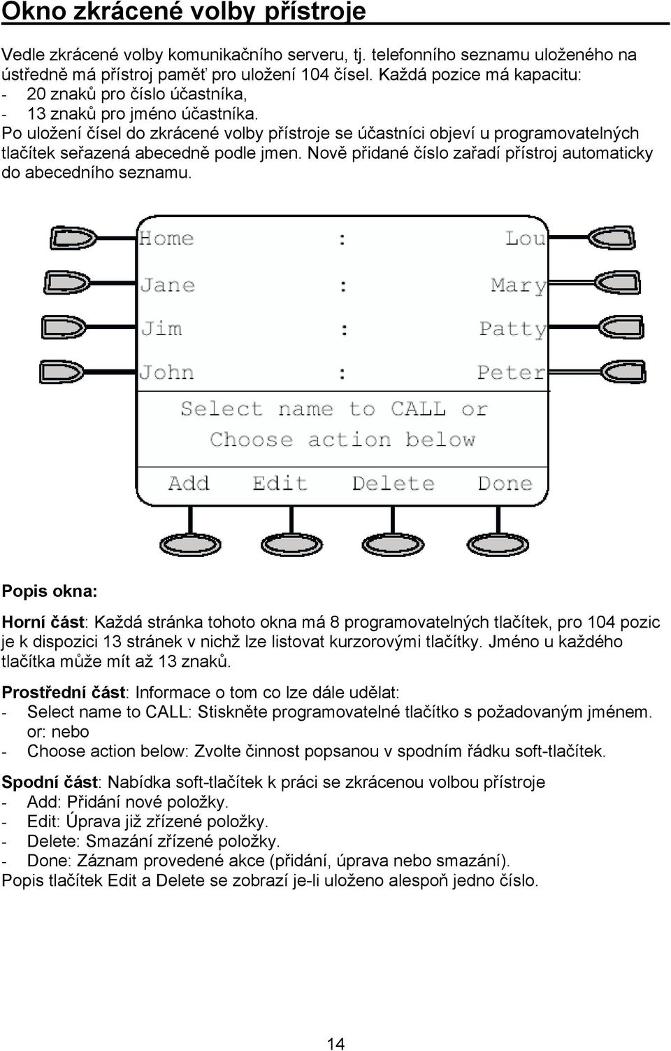 Po uložení čísel do zkrácené volby přístroje se účastníci objeví u programovatelných tlačítek seřazená abecedně podle jmen. Nově přidané číslo zařadí přístroj automaticky do abecedního seznamu.