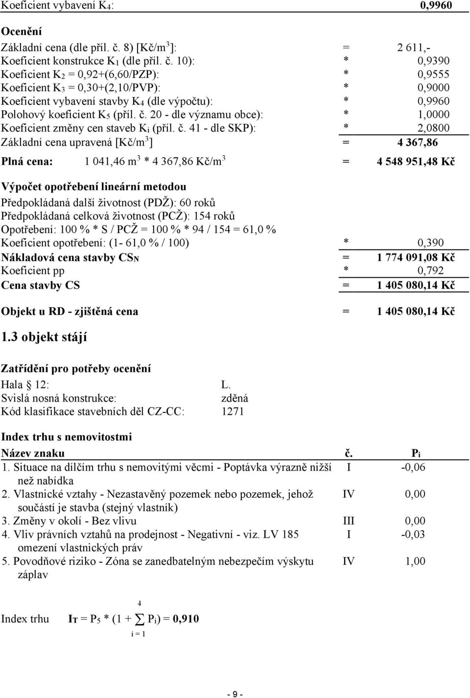 10): * 0,9390 Koeficient K2 = 0,92+(6,60/PZP): * 0,9555 Koeficient K3 = 0,30+(2,10/PVP): * 0,9000 Koeficient vybavení stavby K4 (dle výpočtu): * 0,9960 Polohový koeficient K5 (příl. č.