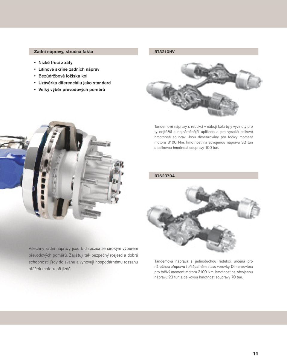 Jsu dimenzvány pr tčivý mment mtru 3100 Nm, hmtnst na zdvjenu nápravu 32 tun a celkvu hmtnst supravy 100 tun. RTS2370A Všechny zadní nápravy jsu k dispzici se širkým výběrem převdvých pměrů.