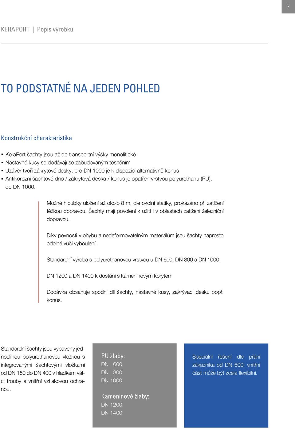 Možné hloubky uložení až okolo 8 m, dle okolní statiky, prokázáno při zatížení těžkou dopravou. Šachty mají povolení k užití i v oblastech zatížení železniční dopravou.