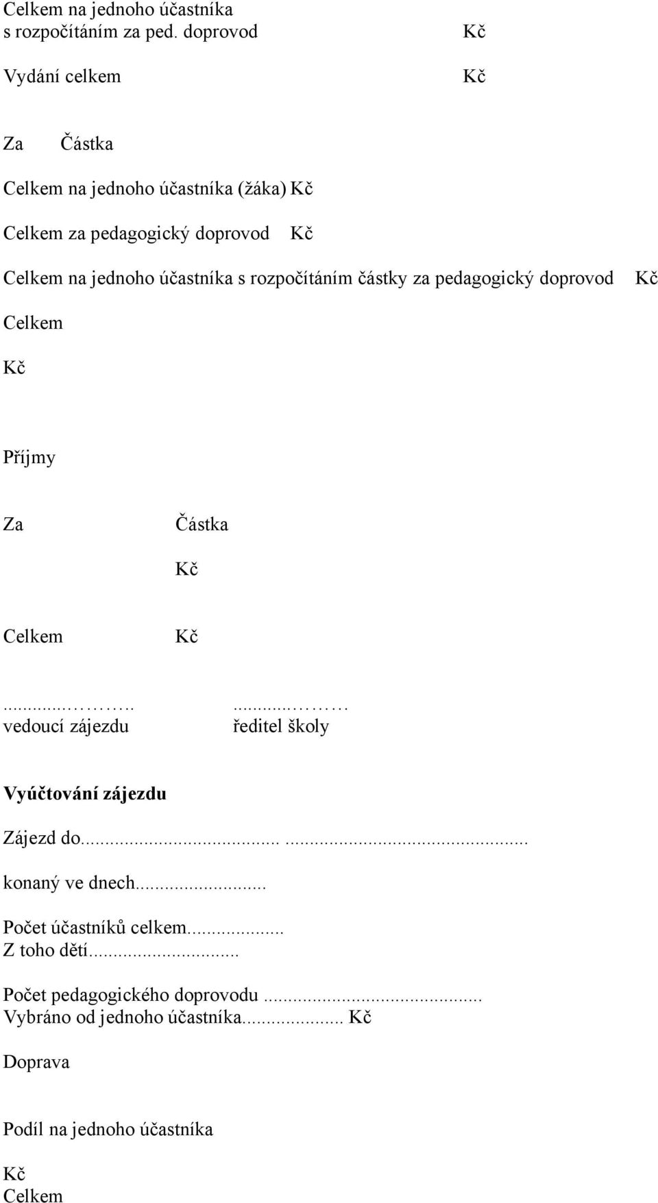 rozpočítáním částky za pedagogický doprovod Příjmy Za..... vedoucí zájezdu.