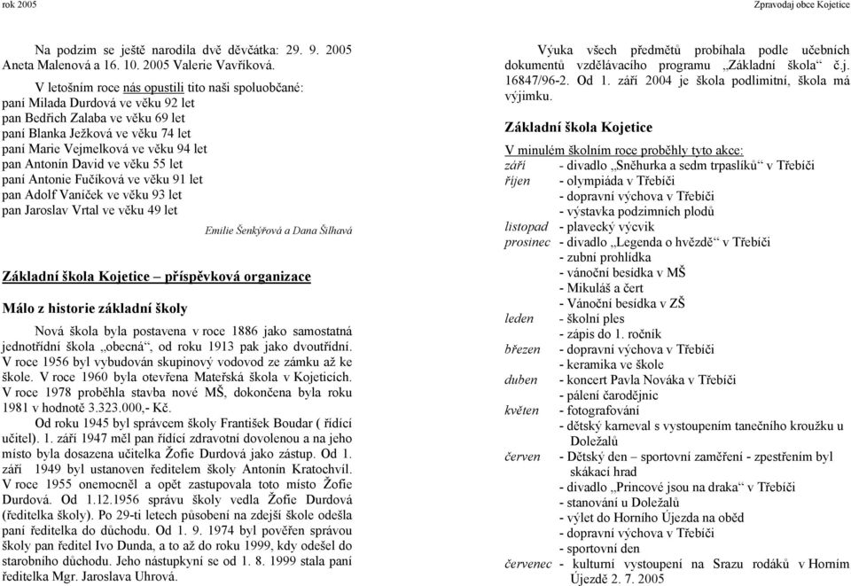 Antonín David ve věku 55 let paní Antonie Fučíková ve věku 91 let pan Adolf Vaníček ve věku 93 let pan Jaroslav Vrtal ve věku 49 let Emilie Šenkýřová a Dana Šilhavá Základní škola Kojetice