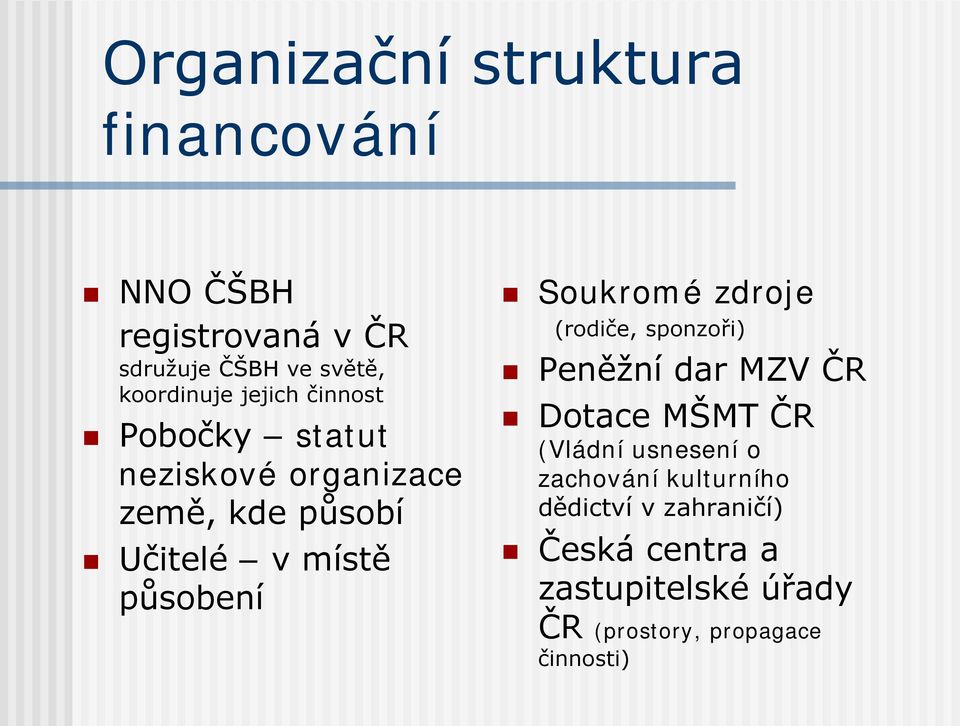 Soukromé zdroje (rodiče, sponzoři) Peněžní dar MZV ČR Dotace MŠMT ČR (Vládní usnesení o