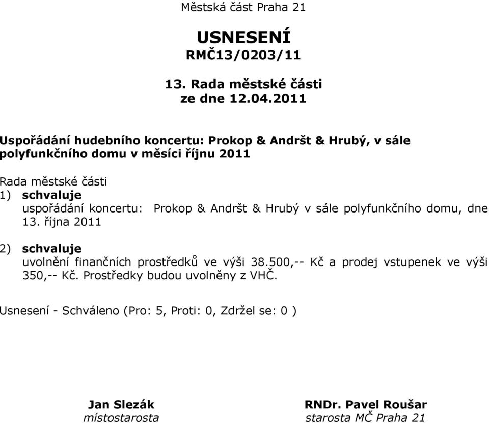 měsíci říjnu 2011 1) schvaluje uspořádání koncertu: Prokop & Andršt & Hrubý v sále