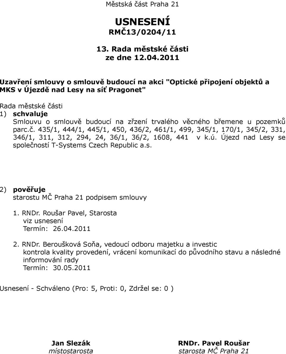 věcného břemene u pozemků parc.č. 435/1, 444/1, 445/1, 450, 436/2, 461/1, 499, 345/1, 170/1, 345/2, 331, 346/1, 311, 312, 294, 24, 36/1, 36/2, 1608, 441 v k.ú.