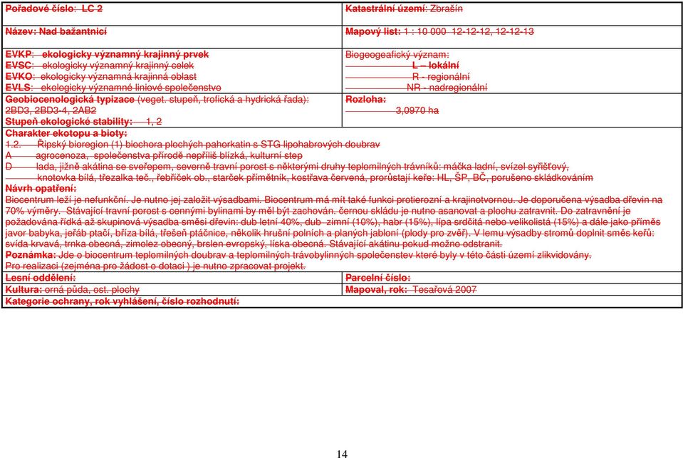 stupeň, trofická a hydrická řada): 2BD3, 2BD3-4, 2AB2 Biogeogeafický význam: L lokální R - regionální NR - nadregionální Rozloha: 3,0970 ha Stupeň ekologické stability: 1, 2 Charakter ekotopu a