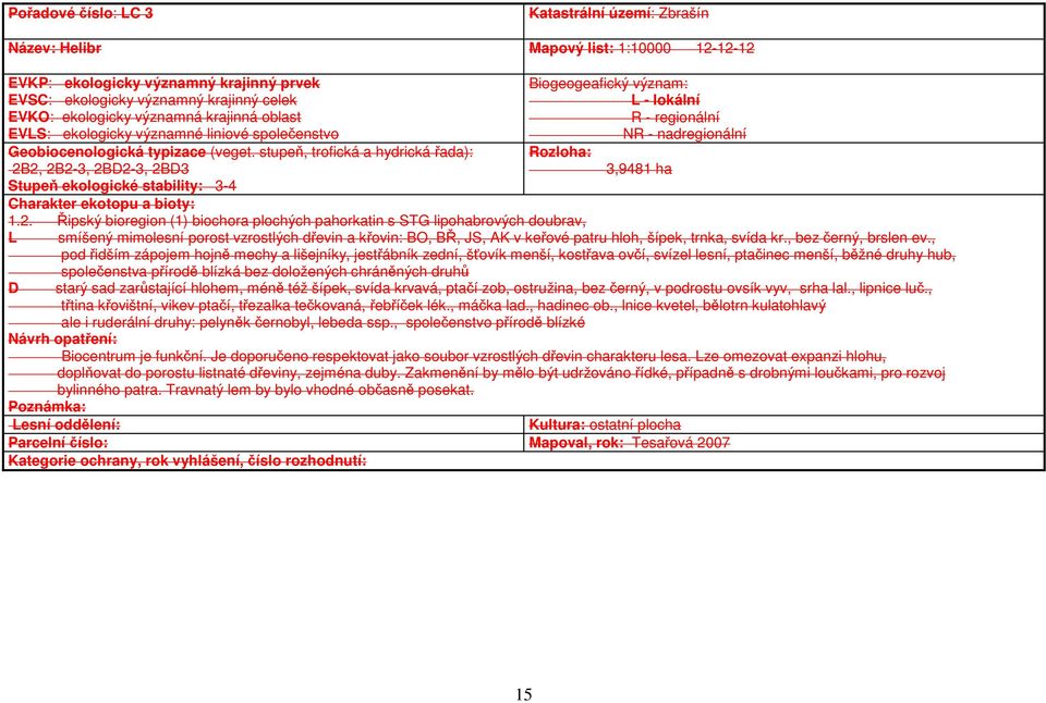 stupeň, trofická a hydrická řada): 2B2, 2B2-3, 2BD2-3, 2BD3 Biogeogeafický význam: L - lokální R - regionální NR - nadregionální Rozloha: 3,9481 ha Stupeň ekologické stability: 3-4 Charakter ekotopu