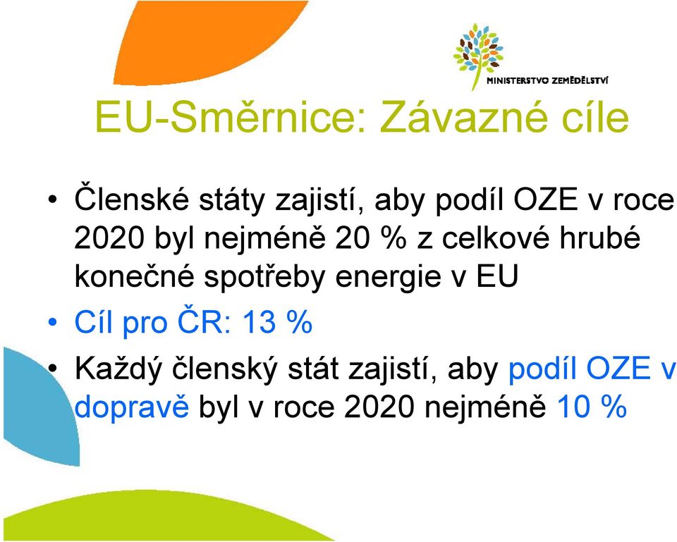 spotřeby energie v EU Cíl pro ČR: 13 % Každý členský stát