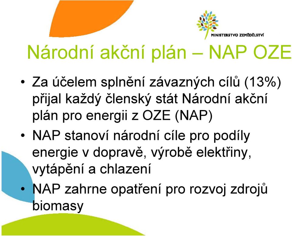 NAP stanoví národní cíle pro podíly energie v dopravě, ě výrobě