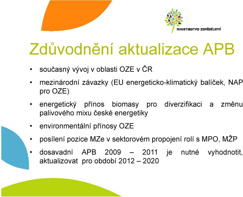změnu palivového mixu české energetiky environmentální přínosy OZE posílení pozice MZe v